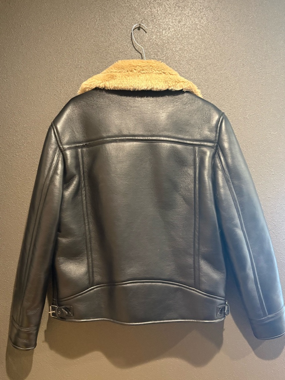 ZARA Mens Size L Black Vegan Leather Bomber Jacket Tan Shearling Collar - Picture 3 of 7